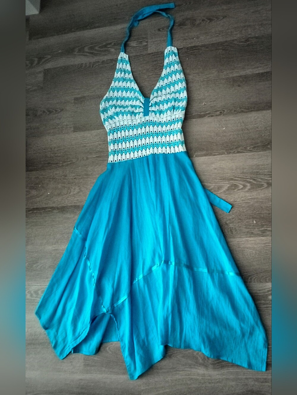 Lace Bodice Blue/White Halter Sundress, Elastic Back, New, Size small/ Medium